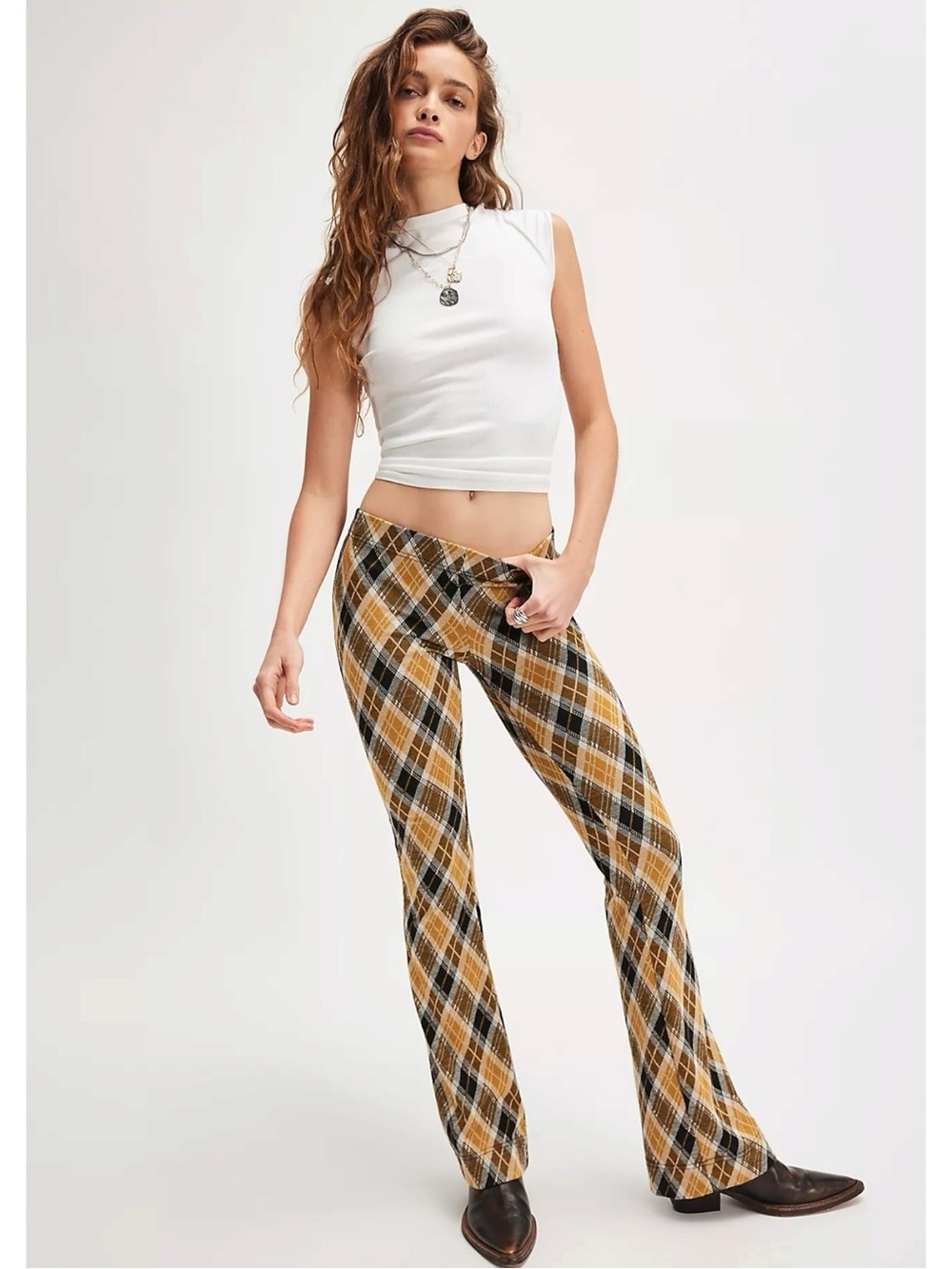 Free People Retro 90s Y2K Grunge Plaid Chloe Flare Knit Pants NWT Size Small